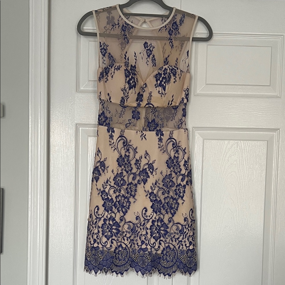 bebe Cream Blue Purple Lace Illusion Mini Dress Sleeveless Formal Homecoming